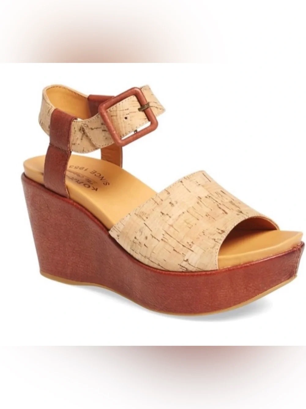 Kork-Ease Cork and Brown Leather Wedge Sandal